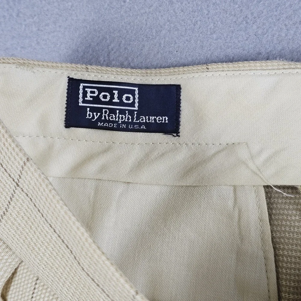 VTG Polo Ralph Lauren Pants Mens 31x26 Beige Windowpane Wool Pleated Cuffed USA
